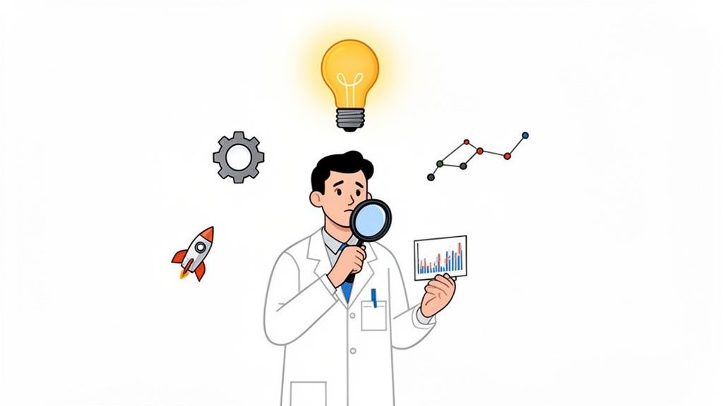 Een onderzoeker analyseert gegevens met een vergrootglas, omringd door symbolen van ideeën, technologie en vooruitgang.