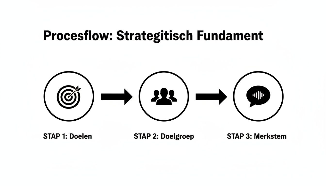 Een procesflow die het strategisch fundament weergeeft met drie stappen: Doelen, Doelgroep en Merkstem.