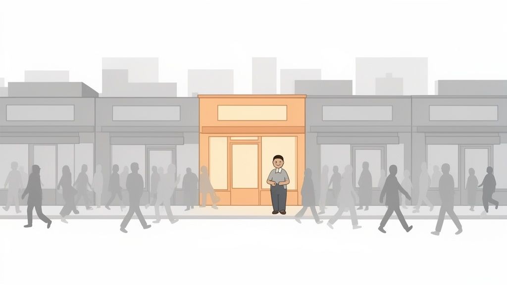 Een tekenfilmfiguur staat voor een opvallende oranje winkel, omringd door grijze gebouwen en wandelende mensen.