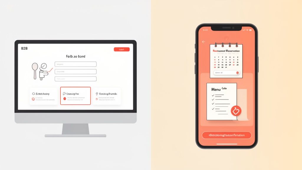 Een desktopmonitor toont een B2B inlogscherm, naast een smartphone met een reserverings- en menuscherm voor restaurants.
