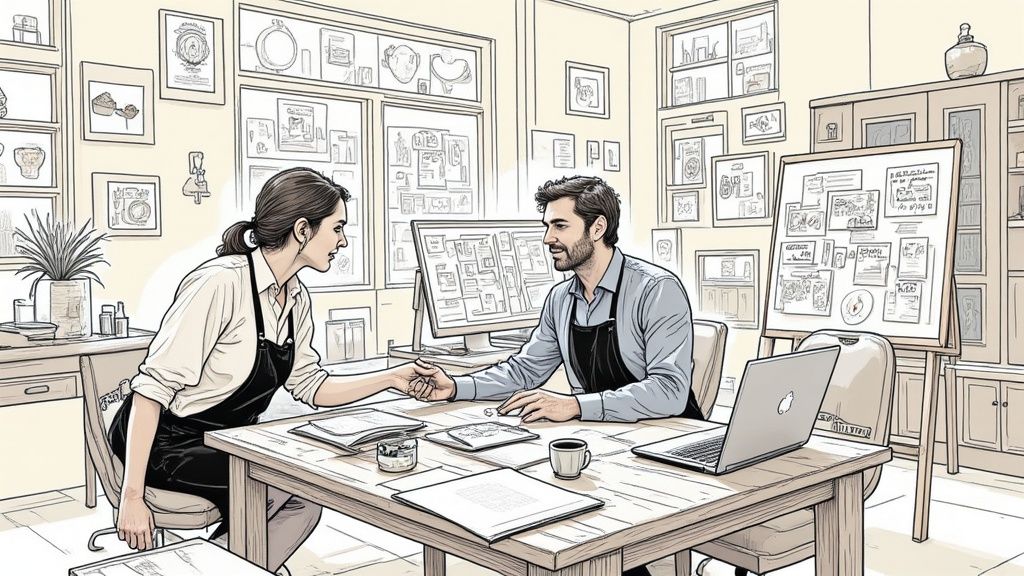Een man en vrouw in schorten schudden handen aan een tafel vol met documenten en technologie in een creatieve studio.