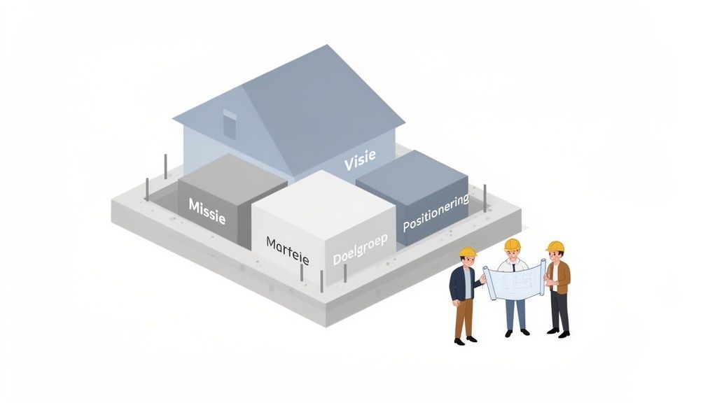 Illustratie van een huis in aanbouw met blokken voor visie, missie, doelgroep, positionering en marteie, bekeken door bouwprofessionals.