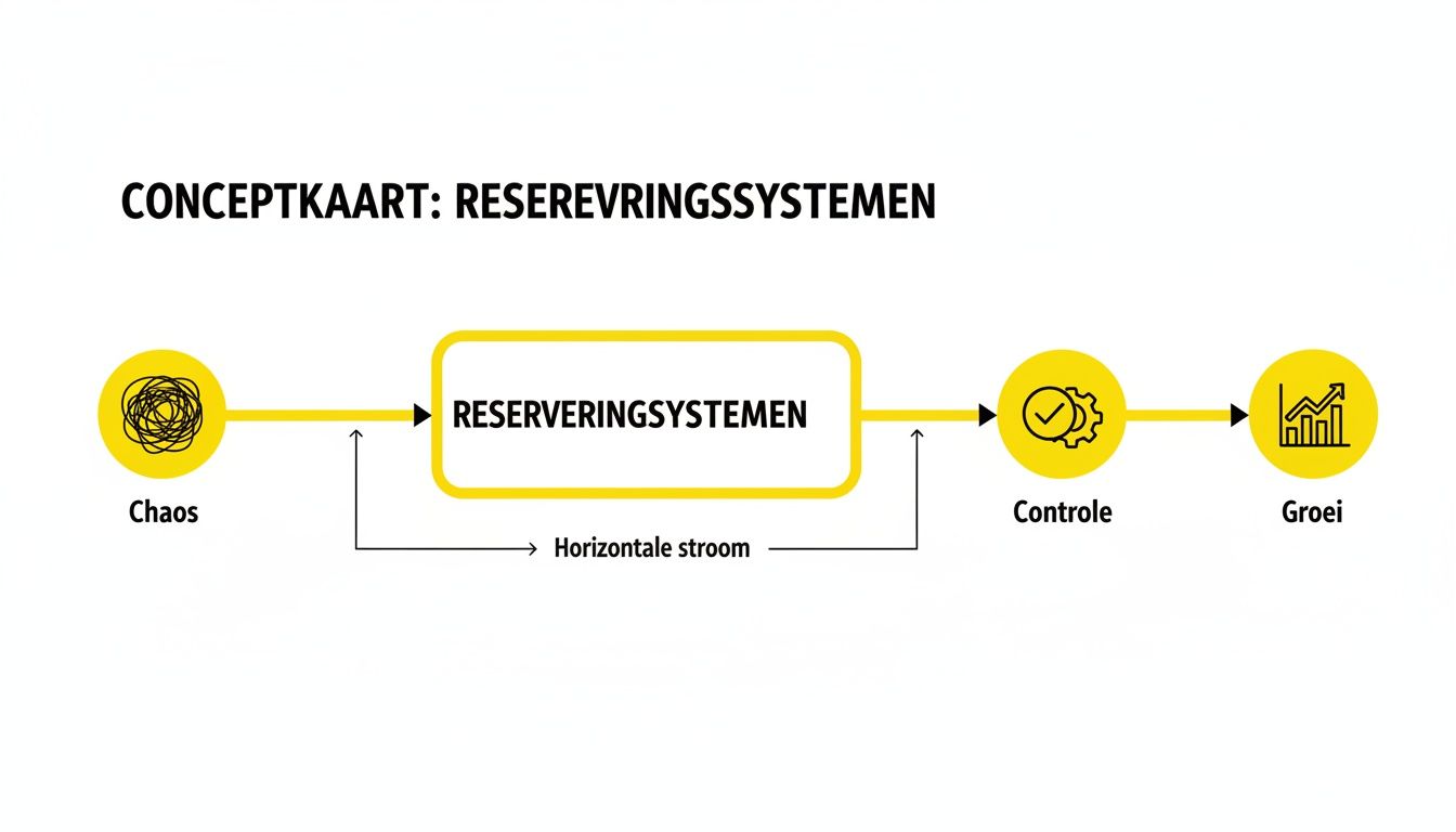 Conceptkaart toont de transformatie van chaos naar groei door reserveringssystemen en controle, met horizontale stroom.