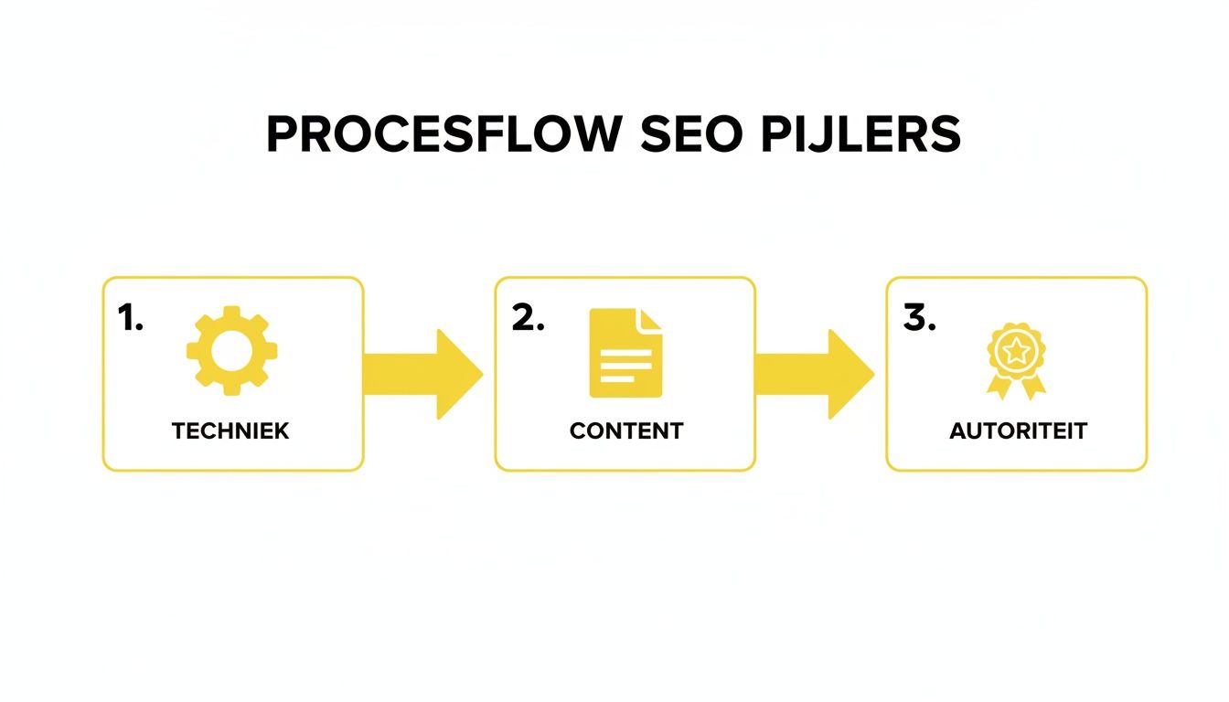 Een processtroomdiagram dat de drie SEO-pijlers Techniek, Content en Autoriteit illustreert.