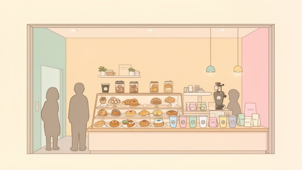 Een illustratie van een pastelkleurige bakkerij met twee mensen, een toonbank vol gebak en drankjes.
