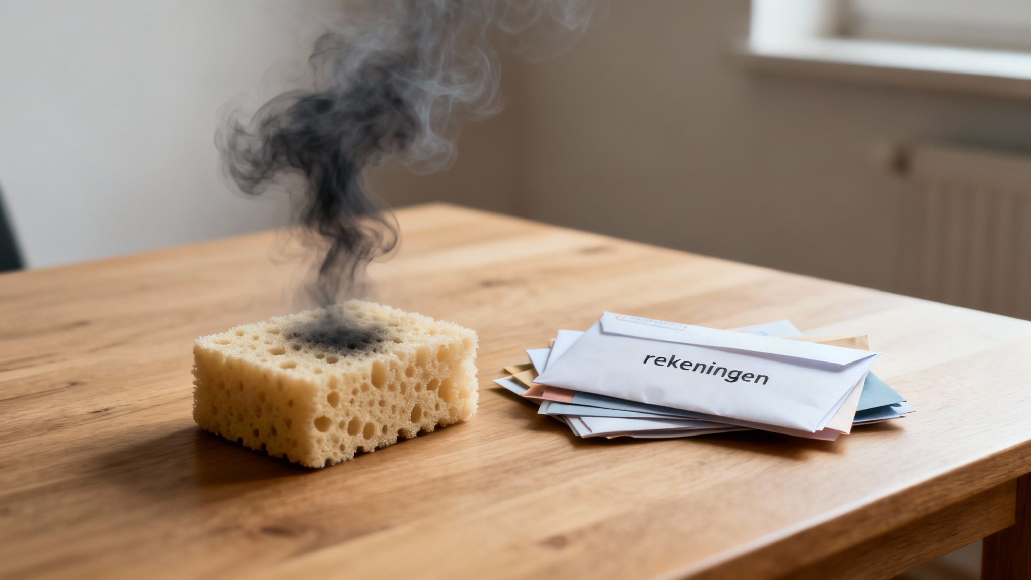 Een brandende spons met zwarte rook naast een stapel enveloppen met het woord 'rekeningen' op een houten tafel.