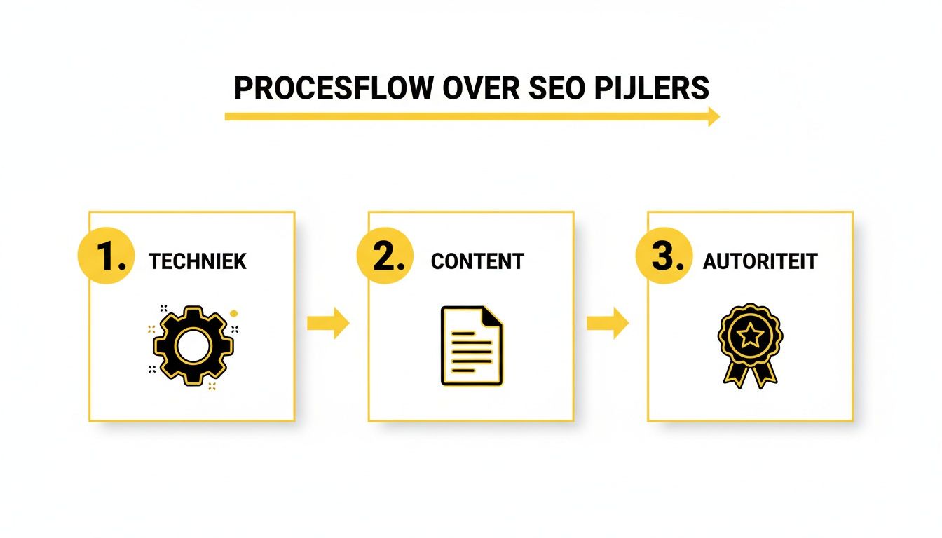 Een procesflow illustreert de drie essentiële SEO pijlers: techniek, content en autoriteit.