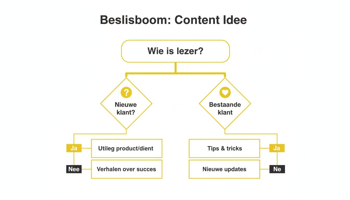 Beslisboom voor content ideeën: bepaal lezer (nieuwe of bestaande klant) voor relevante content.