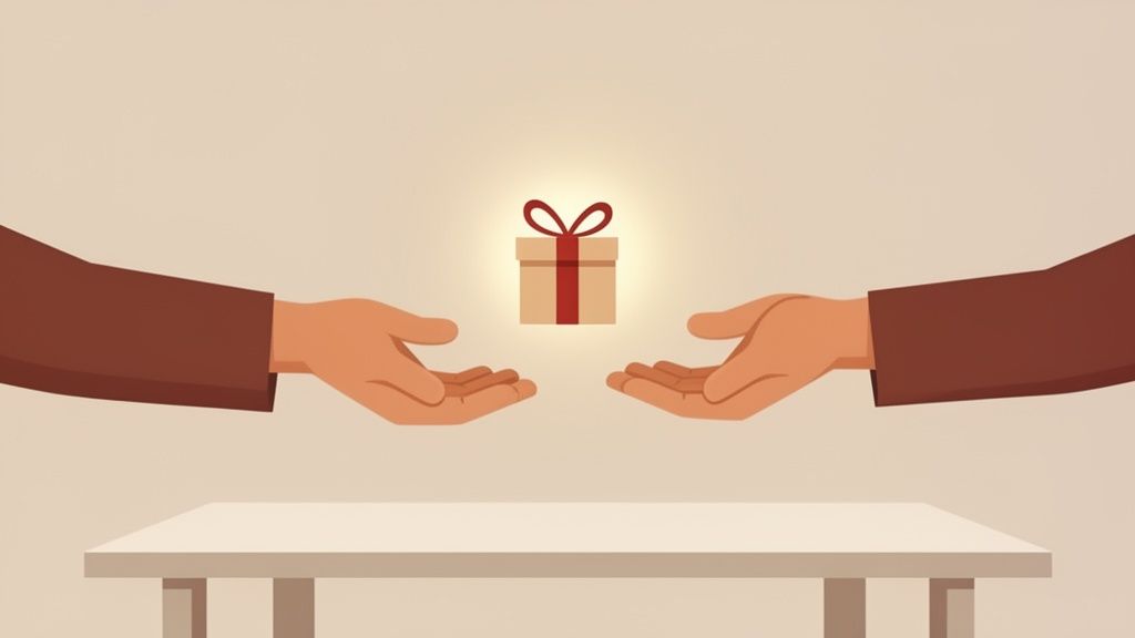 Twee handen reiken naar een lichtgevend cadeau boven een tafel, wat geven en ontvangen symboliseert.