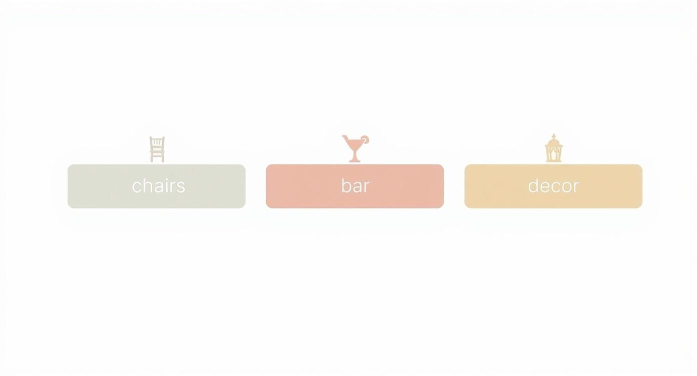 Drie gekleurde knoppen met pictogrammen en tekst voor categorieën: stoelen, bar en decor, voor bruiloft styling.