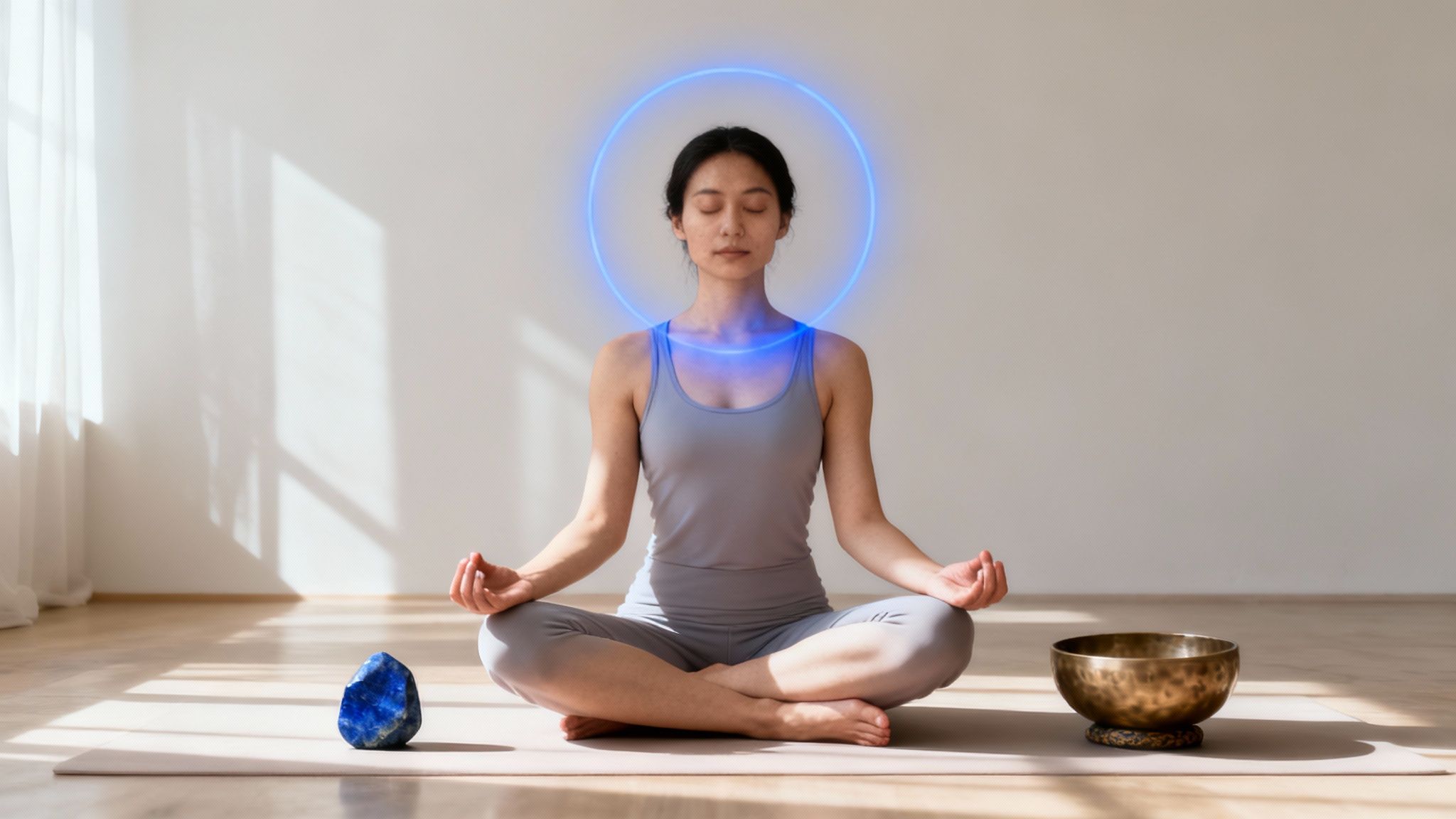 Vrouw mediteert in lotushouding met blauwe aura, kristal en klankschaal op yogamat.