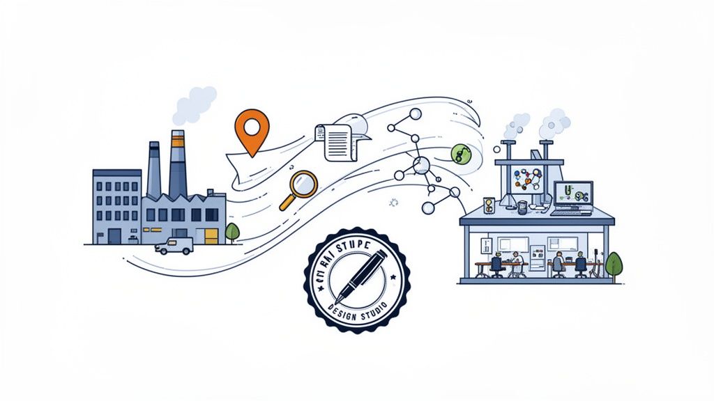 Illustratie van een proces dat loopt van fabriek naar ontwerpstudio, met datastroom en relevante iconen.