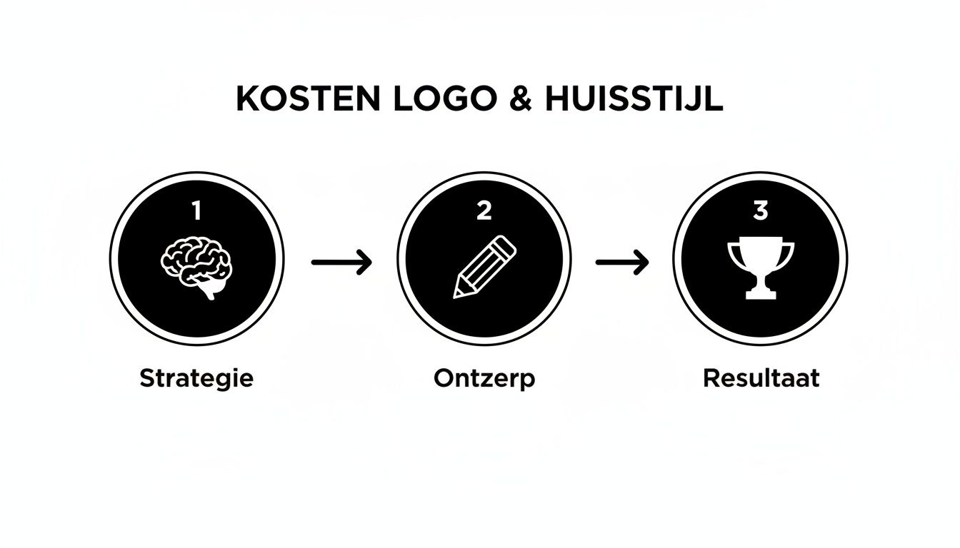 Een infographic die de drie stappen van kosten voor logo en huisstijl toont: strategie, ontwerp en resultaat.