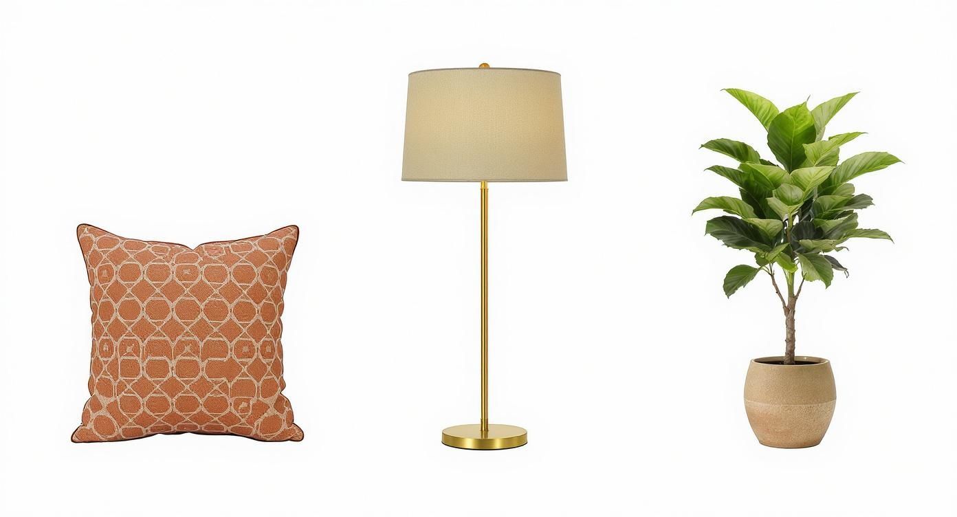 Een rustkleurig sierkussen met patroon, een gouden vloerlamp met crème kap en een groene kamerplant in een pot.