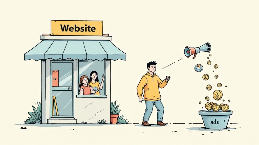 Illustratie van online marketing: een man stuurt advertentiegeld naar een website waar klanten wachten.