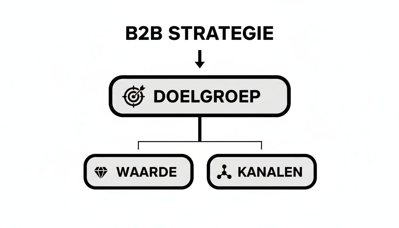 Een diagram van de B2B strategie, inclusief doelgroep, waarde en kanalen met bijbehorende iconen.