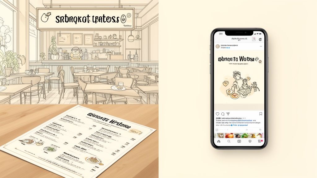 Een brandingconcept voor een restaurant, inclusief interieur, menukaart en een social media post op een telefoon, allemaal in lijntekeningstijl.