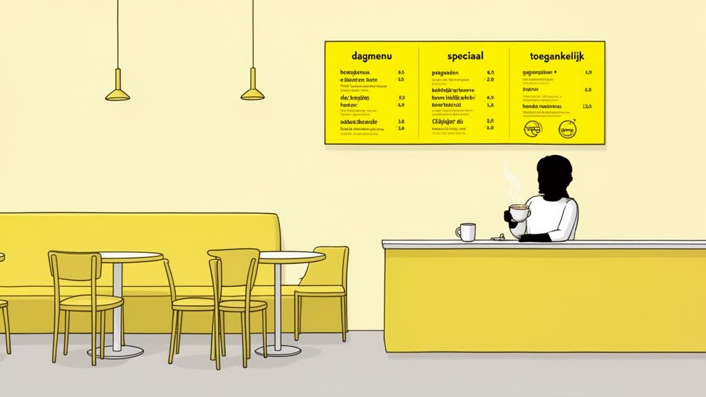 Minimalistisch café met gele meubels, een menukaart en een persoon die koffie drinkt aan de bar.