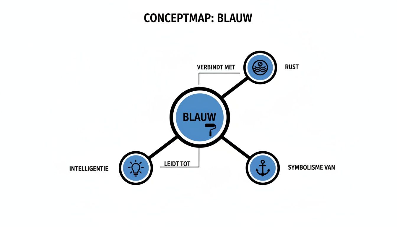 Conceptkaart over de kleur blauw, die geassocieerd wordt met rust, intelligentie en de symboliek van een anker.