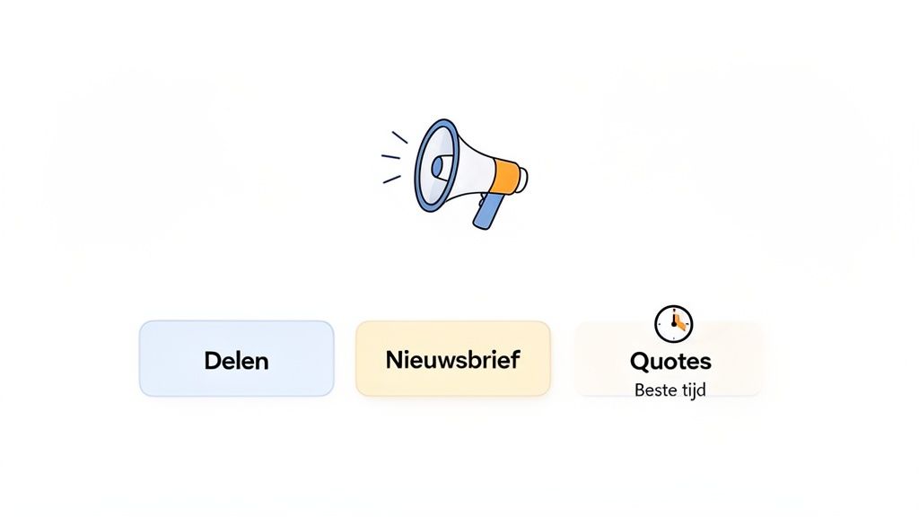 Een illustratie met een megafoon en drie knoppen: Delen, Nieuwsbrief en Quotes met een klokje.