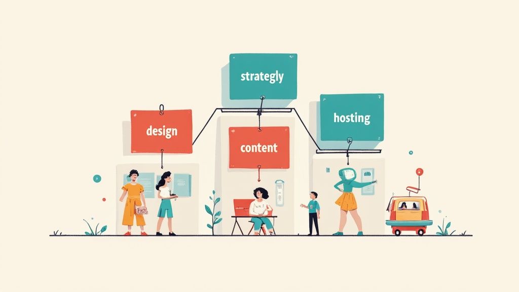 Een illustratie van het proces van website-ontwikkeling met teams voor ontwerp, inhoud en hosting, verbonden door een strategische fase.