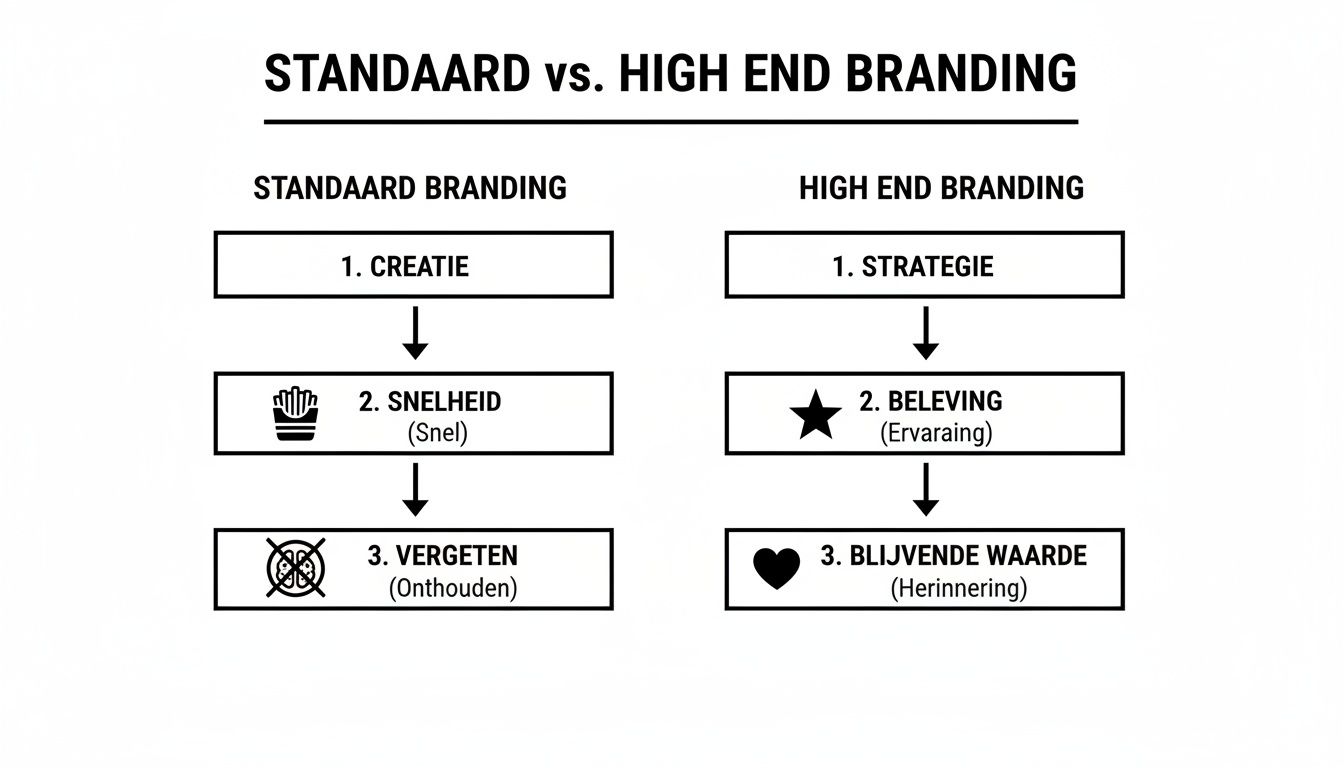 Infographic vergelijkt standaard branding (creatie, snelheid, vergeten) met high-end branding (strategie, beleving, blijvende waarde).