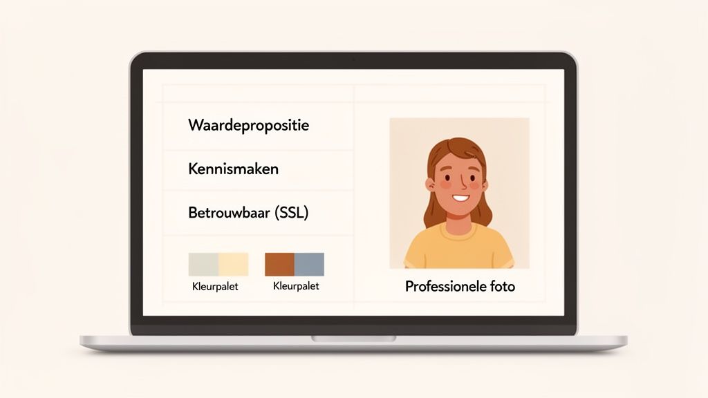 Een laptop toont een website-interface met waardepropositie, kennismaken, betrouwbaarheid en een professionele foto.