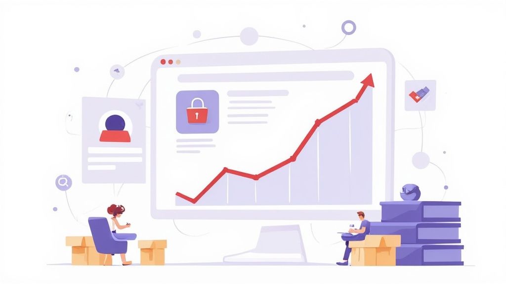 Een illustratie van een computerscherm met een stijgende grafiek, mensen die werken, en data-elementen.