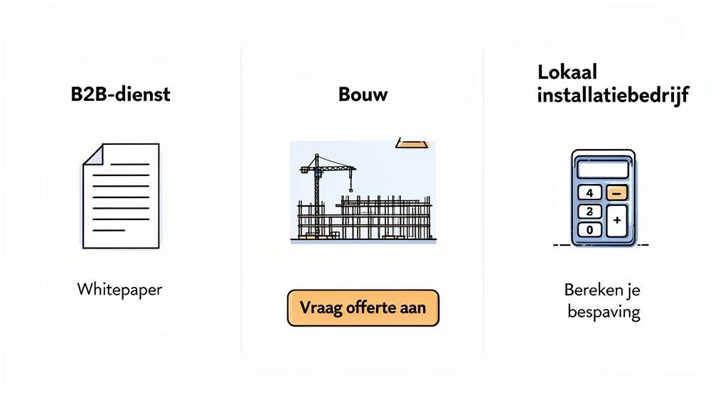 Drie blokken met opties: B2B-dienst (whitepaper), Bouw (offerte aanvragen) en Lokaal installatiebedrijf (besparing berekenen).