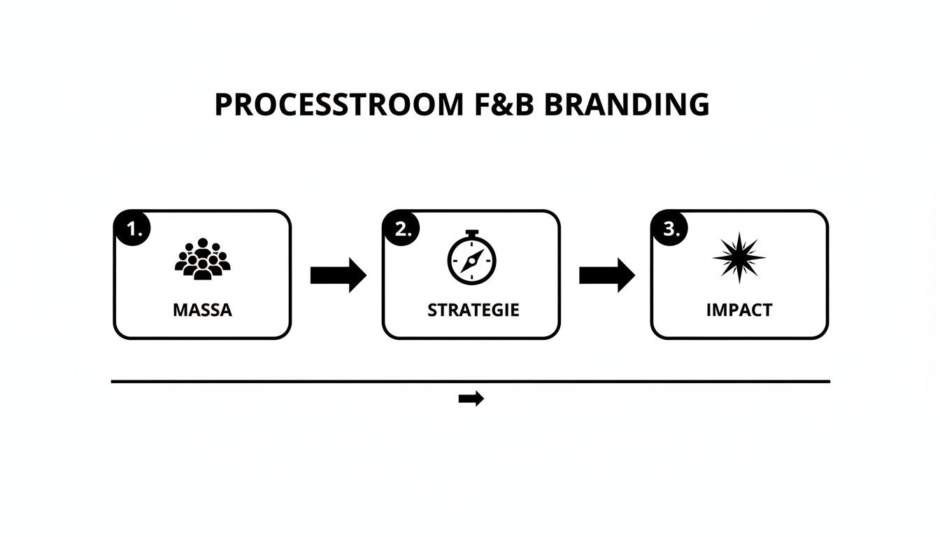 Een processtroomdiagram voor F&B branding, met stappen voor massa, strategie en impact, geïllustreerd met iconen.