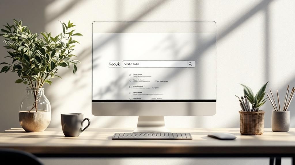 Een illustratie die het concept van SEO laat zien, met vergrootglazen die een website analyseren voor zoekwoorden en rankings.