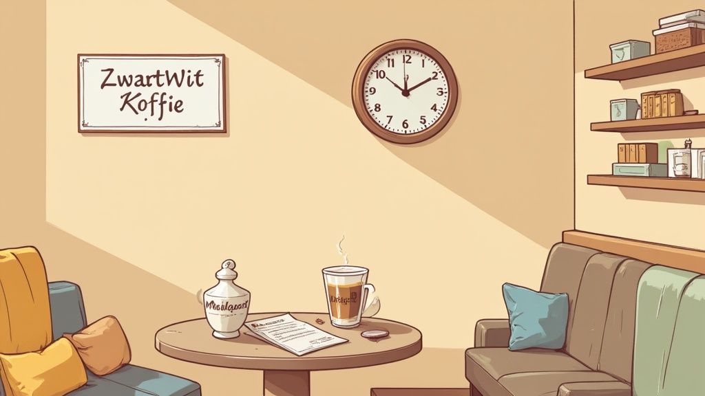 Een gezellige kamer met een 'ZwartWit Koffie' bord, klok, boekenplanken, en een tafel met dampende koffie en documenten.