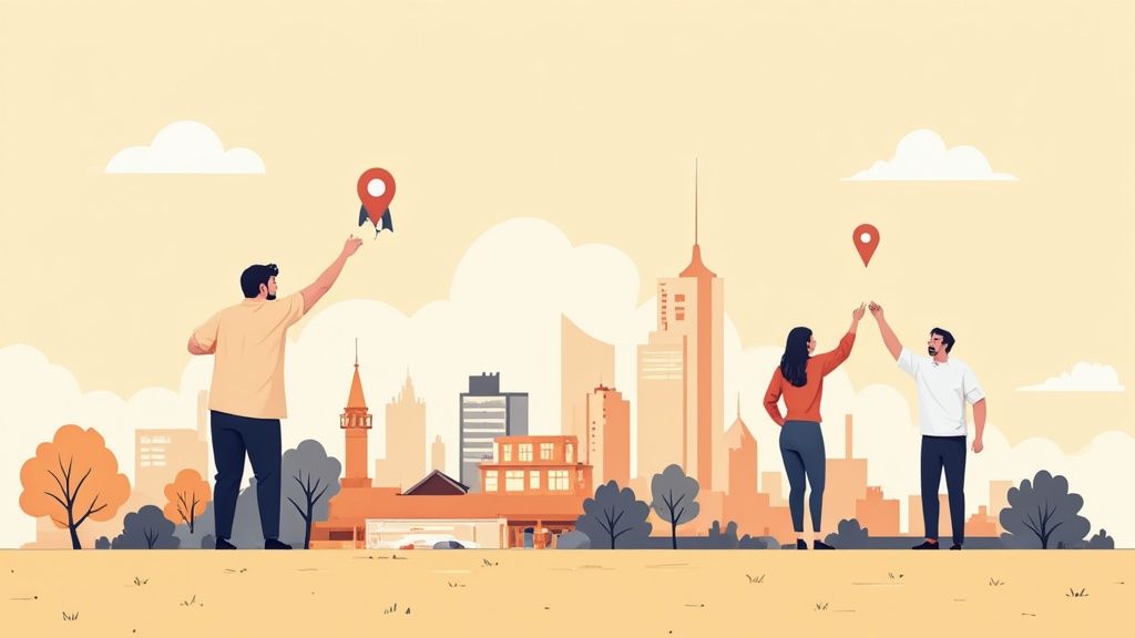 Drie mensen in een stad met locatiepins; een man reikt naar een pin, twee anderen vieren een succes.