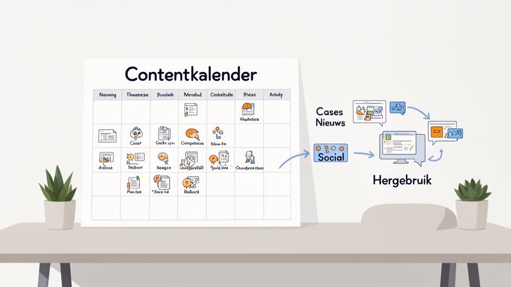 Een contentkalender met overzicht van contenttypen en een diagram over contenthergebruik voor cases, nieuws en social media.
