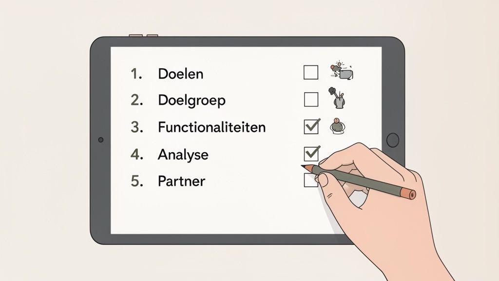Een hand met een stylus vinkt items af op een digitale checklist op een tablet, met punten als 'Doelen' en 'Analyse'.