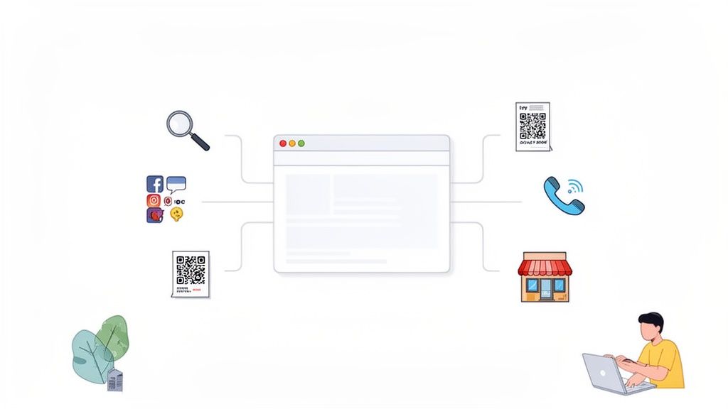 Illustratie van diverse klantcontactpunten en kanalen rondom een centraal online platform, zoals social media en QR-codes.