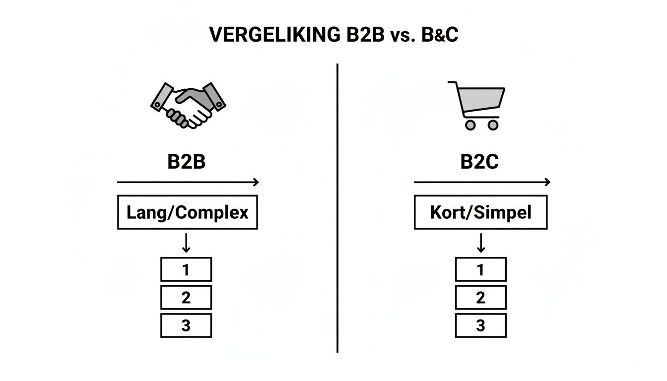Schema dat B2B en B2C processen vergelijkt; B2B is lang en complex, B2C is kort en simpel.