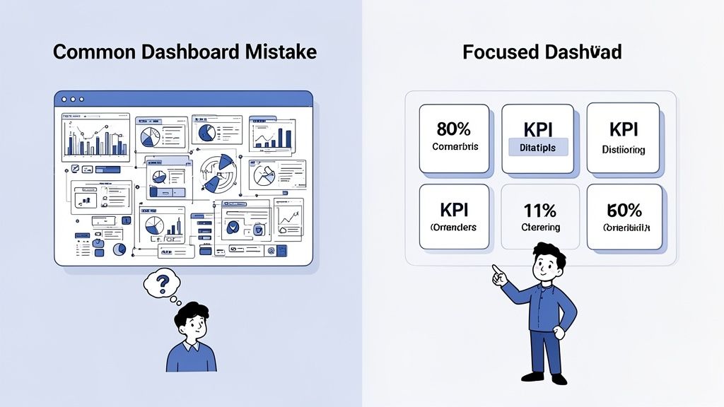 Een vergelijking tussen een rommelig, onduidelijk dashboard en een gefocust, overzichtelijk dashboard met belangrijke KPI's.