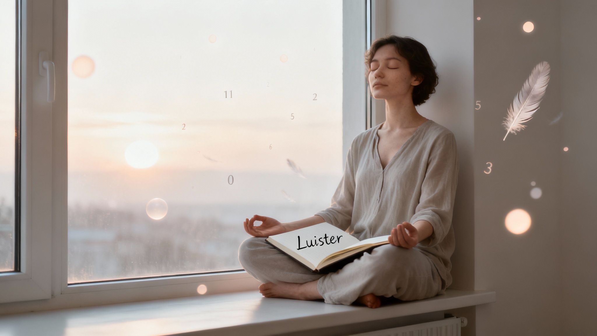 Vrouwelijke persoon mediteert vredig bij het raam met zonsondergang, boek 'Luister' in handen, omringd door symbolen.