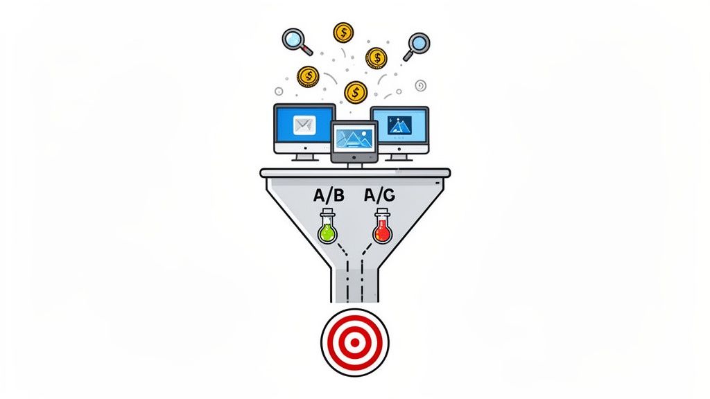 Digitale marketing funnel illustreert A/B-testen met computers, inkomsten en een doelwit voor optimalisatie.