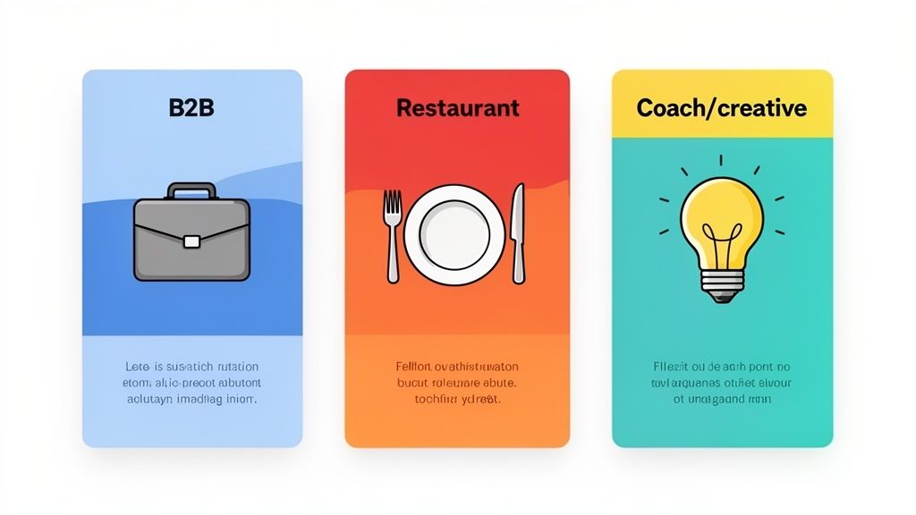 Drie kleurrijke kaarten met pictogrammen en tekst die verschillende zakelijke categorieën vertegenwoordigen, zoals B2B, restaurant en coach.
