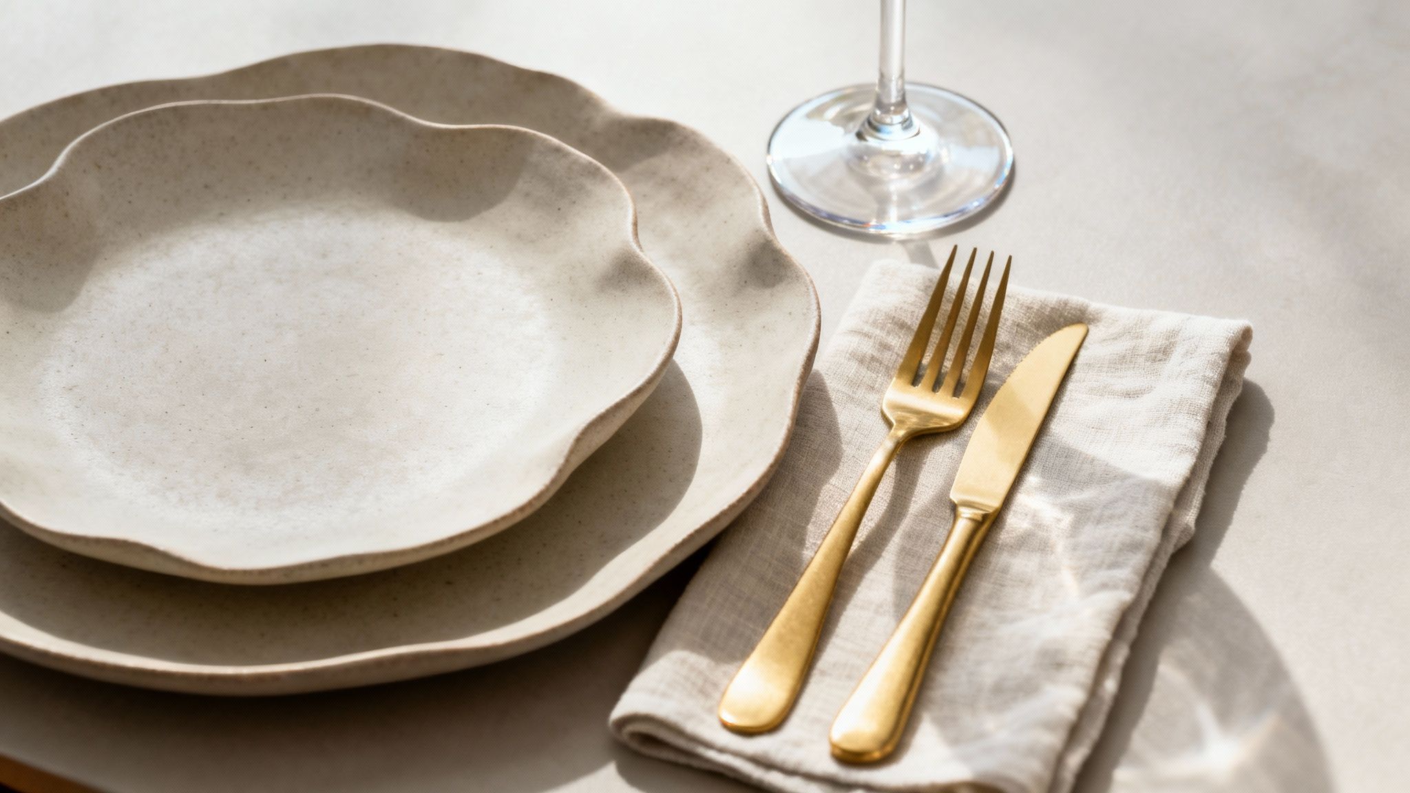Minimalistische tafelsetting met twee beige keramische borden, gouden bestek op linnen servet en wijnglas.