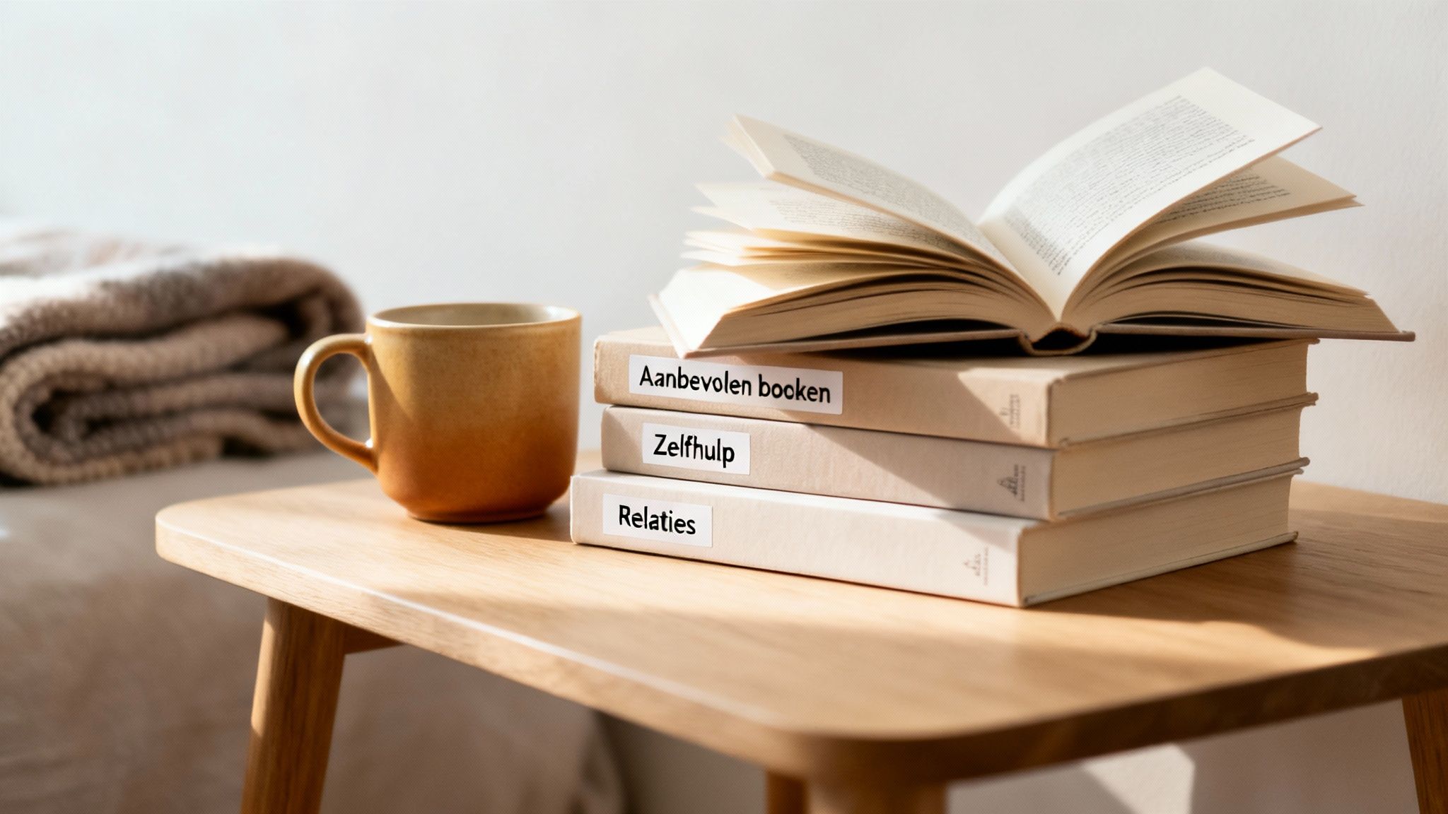 Een stapel boeken met labels 'Aanbevolen boeken', 'Zelfhulp' en 'Relaties', naast een warme mok op een houten tafel.