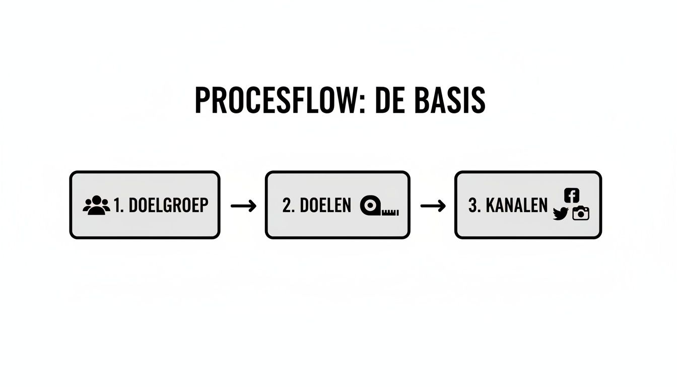 Een procesflowdiagram in drie stappen: Doelgroep, Doelen en Kanalen, met relevante iconen.