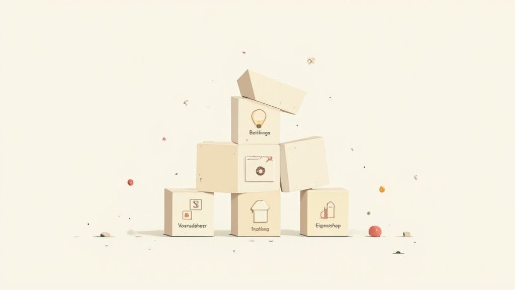 Een creatieve weergave van beige blokken met symbolen en Nederlandse woorden, zwevend op een lichte achtergrond.