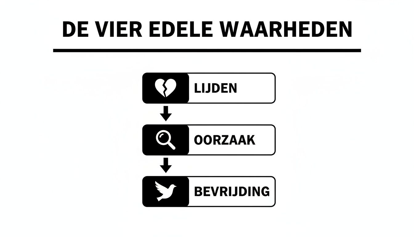 Infographic over De Vier Edele Waarheden met iconen voor lijden, oorzaak en bevrijding, een concept uit het boeddhisme.