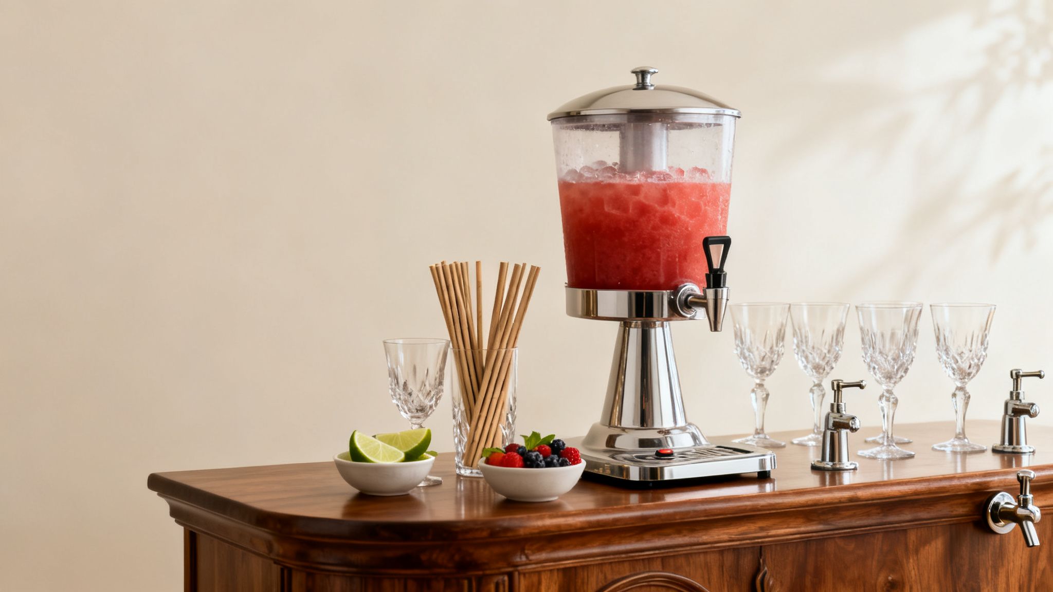 Een slush puppy machine met rode slushdrank en ijs, omringd door glazen, rietjes, limoen en bessen op een houten buffet.