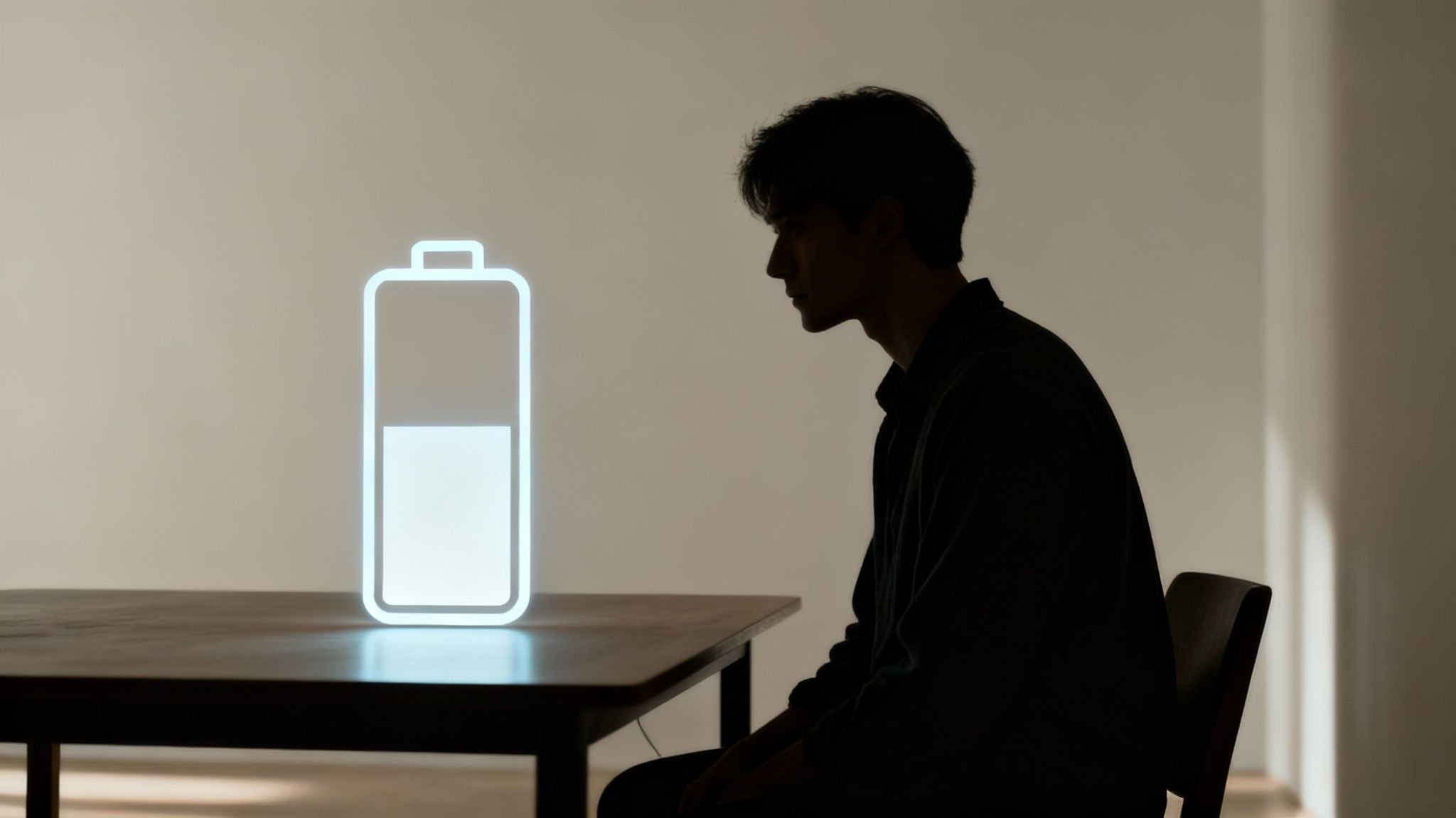 Silhouet van een persoon die naar een gloeiend batterij-icoon kijkt met lage lading.