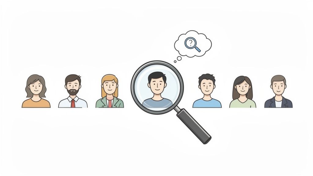 Een vergrootglas selecteert één persoon uit een rij van diverse avatars, wat een zoektocht symboliseert.