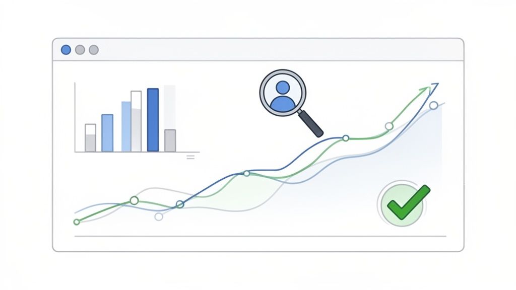Illustratie van een browser met grafieken, groeiende lijnen, een vergrootglas met persoon en een groen vinkje.